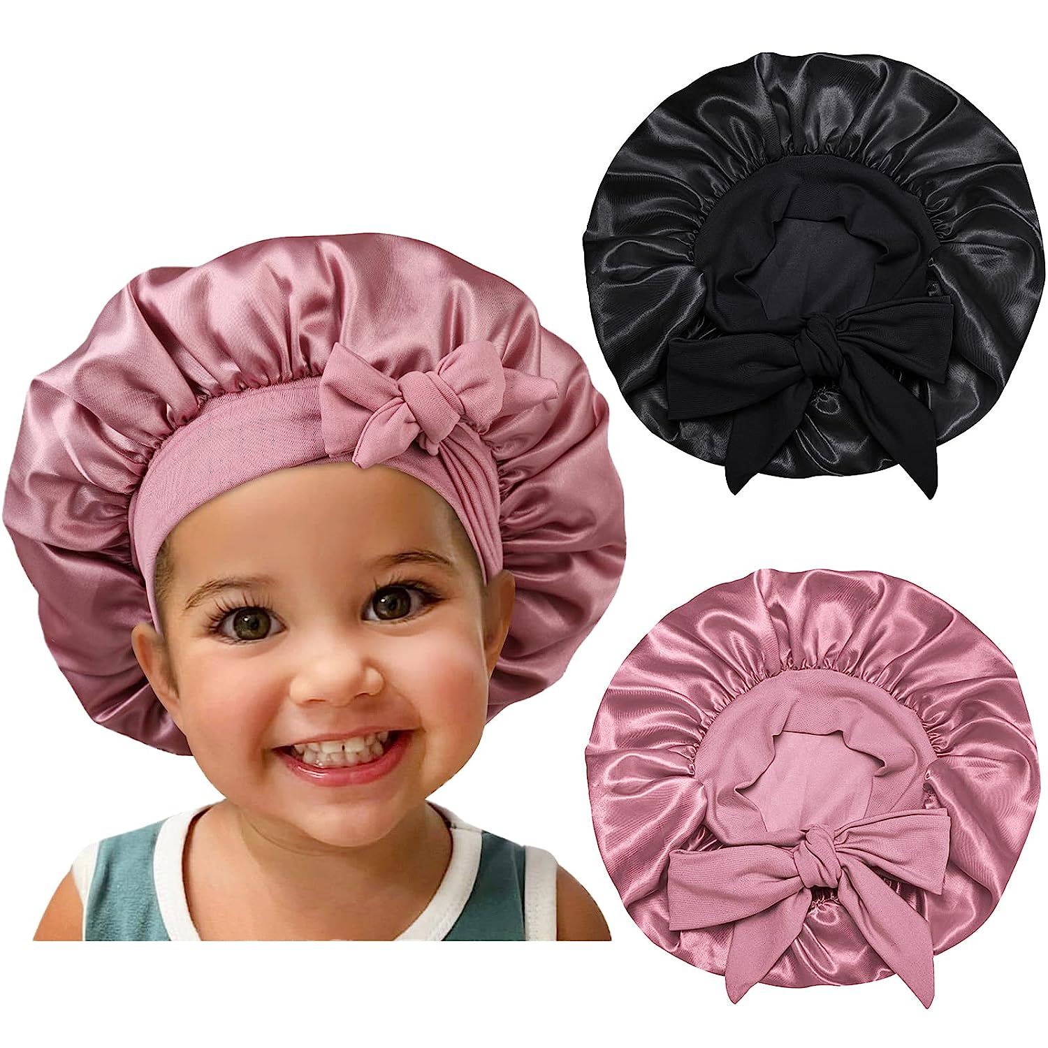Satin Silk Bonnet Hair Cap For Kids with Elastic Tie Band 
