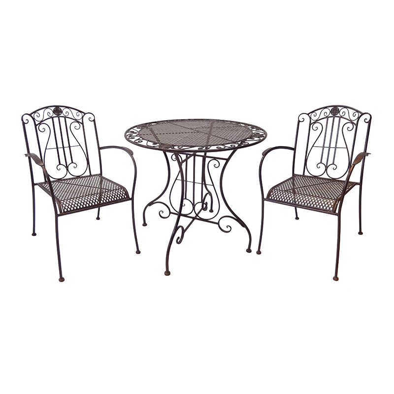 Electric Bass 3-Piece Metal Bistro Setting Rustic Brown Dining Table and Chair for Outdoor Garden and Patio