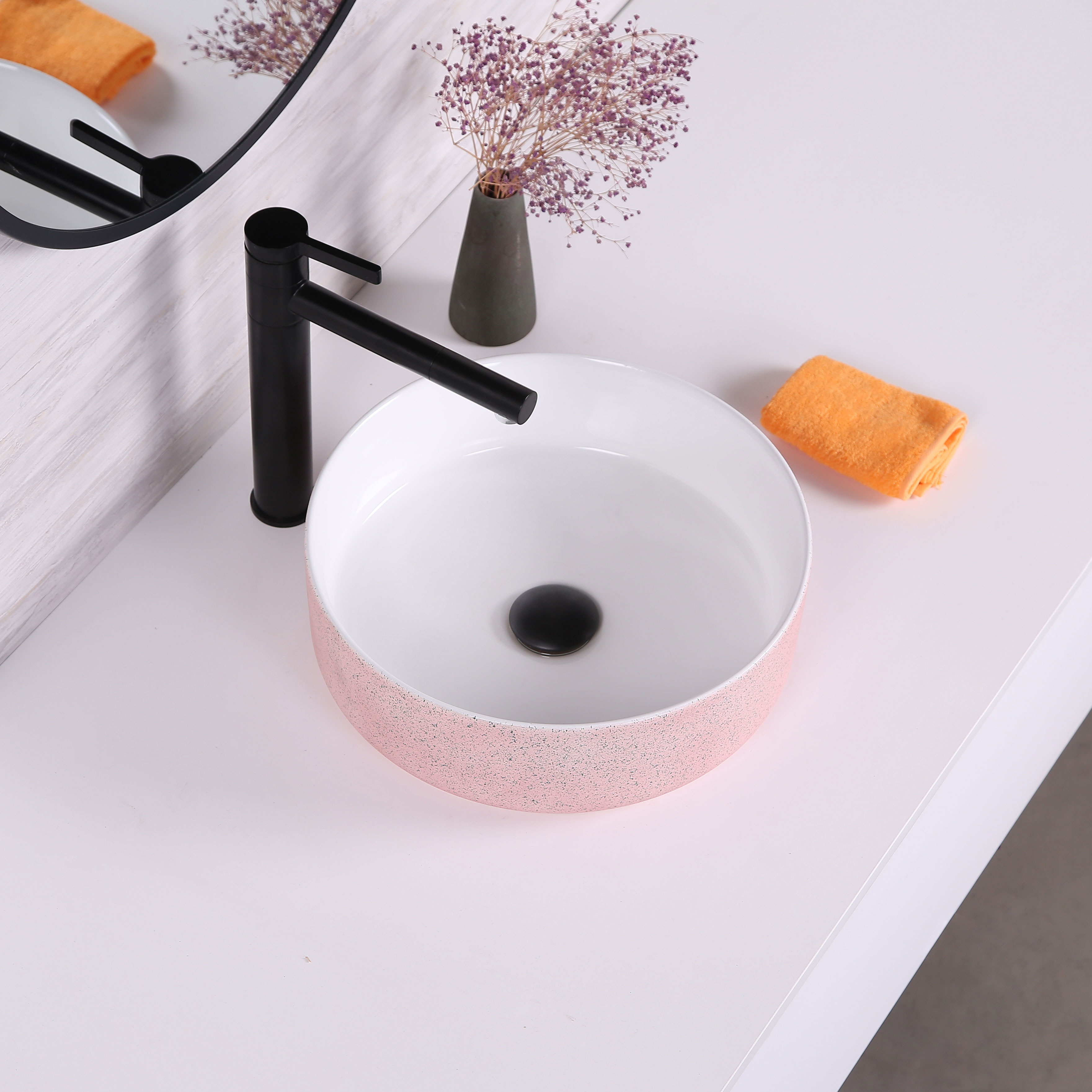 Round Vessel Bathroom Wash Basin Ceramic Matte Pink Countertop Sink