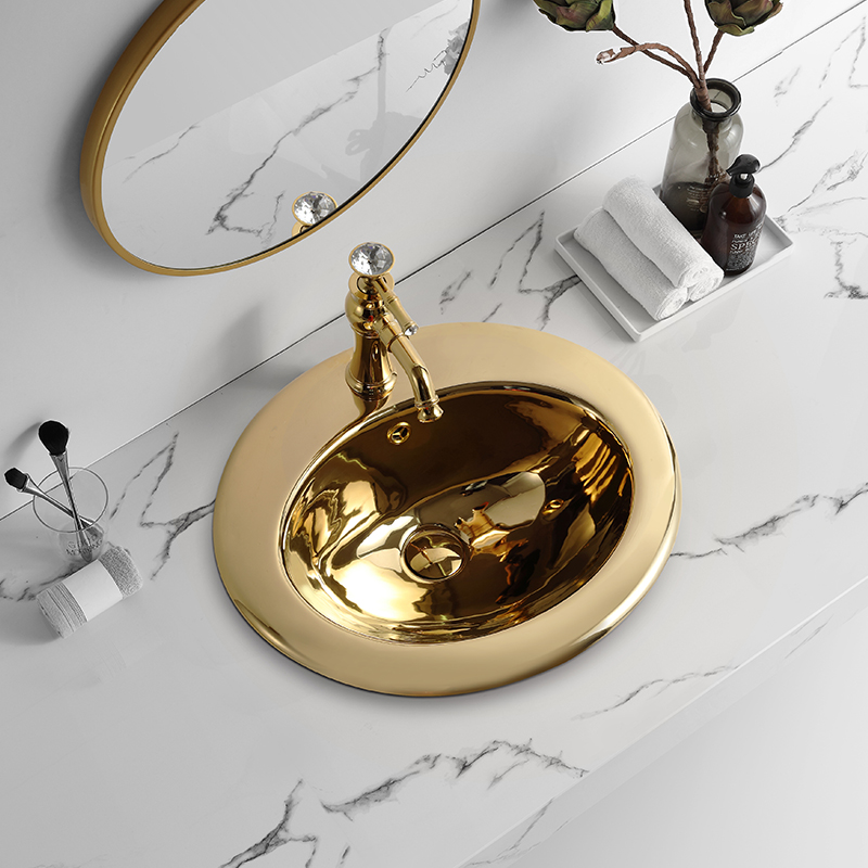 Bathroom Ceramic Sink Gold Vanity Counter Top Wash Basin