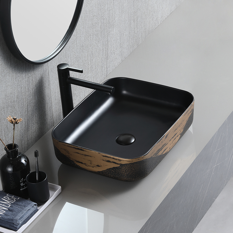 Casual Wash Hand Decorative Wash Basin Black And Gold Electroplated Table Top Bathroom Sink Ceramic