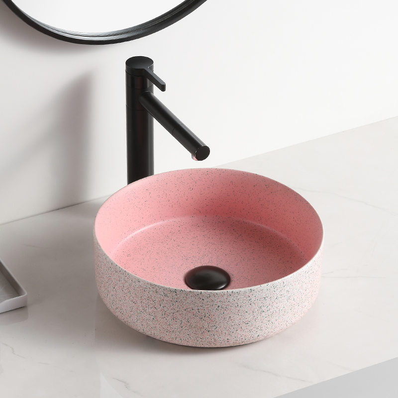 Bathroom round matt pink color vessel sink freestanding hand wash basin