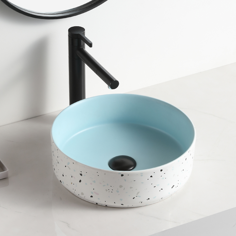 Blue and white above countertop wash basin ceramic round sink