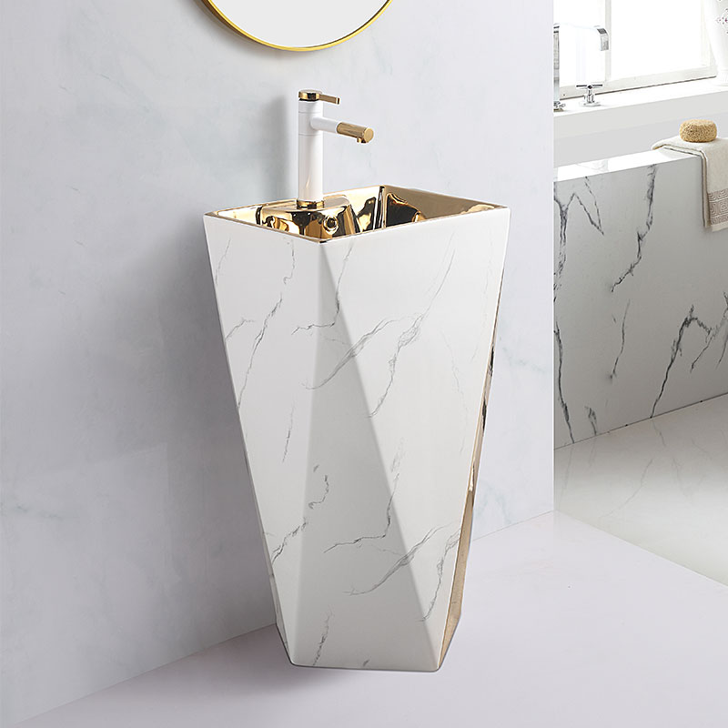 Diamond White Gold Basin Electroplated Gold Pedestal Art Basin Luxury Freestanding Sink Bathroom Lavabo Columna