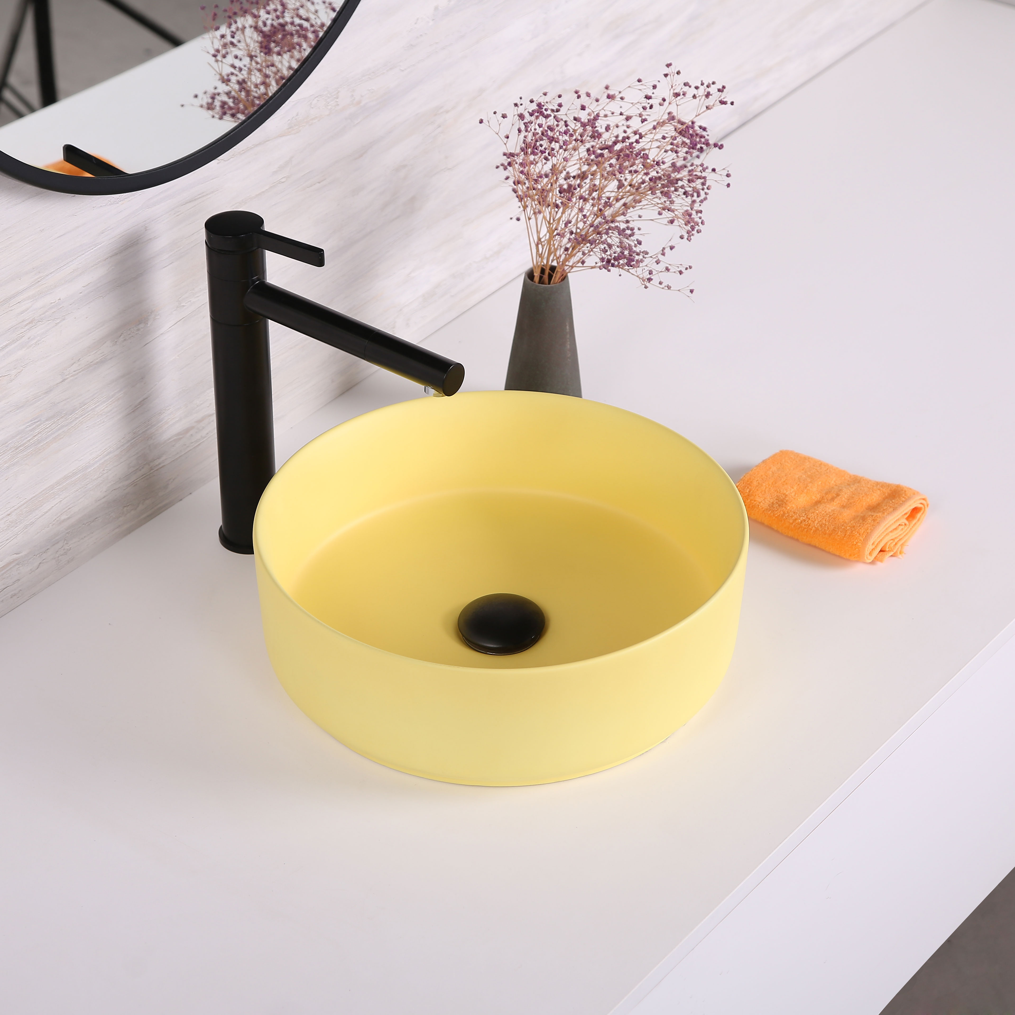 Lavabo De Couleur Matte Yellow Ceramic Round Sink Table Top Bathroom sink