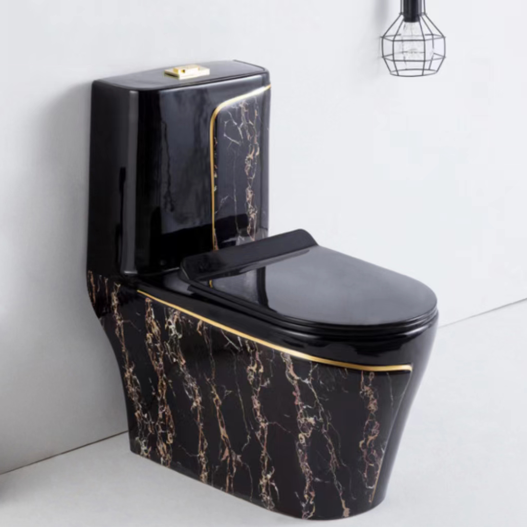 Water Closet Ceramic Bathroom WC Toilet Sink Set One Piece Black Gold Toilet Bowl Combo