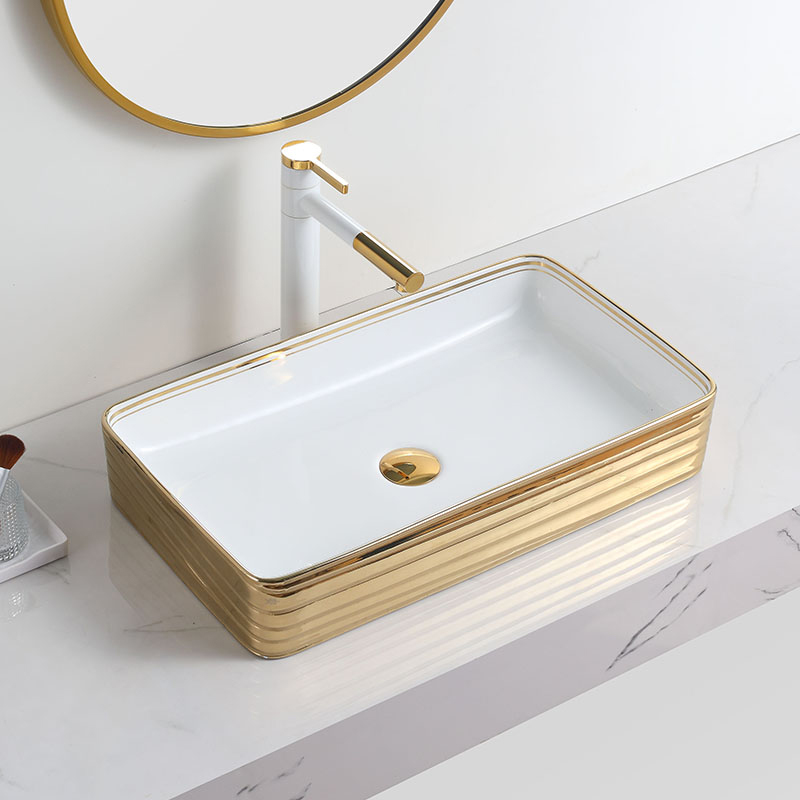 Luxury Ceramic Rectangular Art Basin Wash Sink With Gold Rim