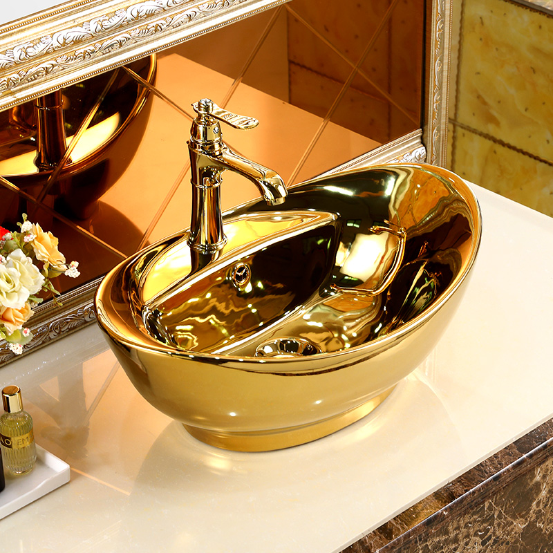 Customizable Lavabo Salle De Bain Ceramic Art Royal Vessel Rose Countertop Golden Wash Basin Sink