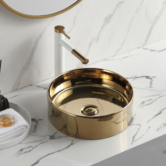 Modern Round Rose Golden Basin Sanitary Ware Ceramic Bathroom Countertop Sink