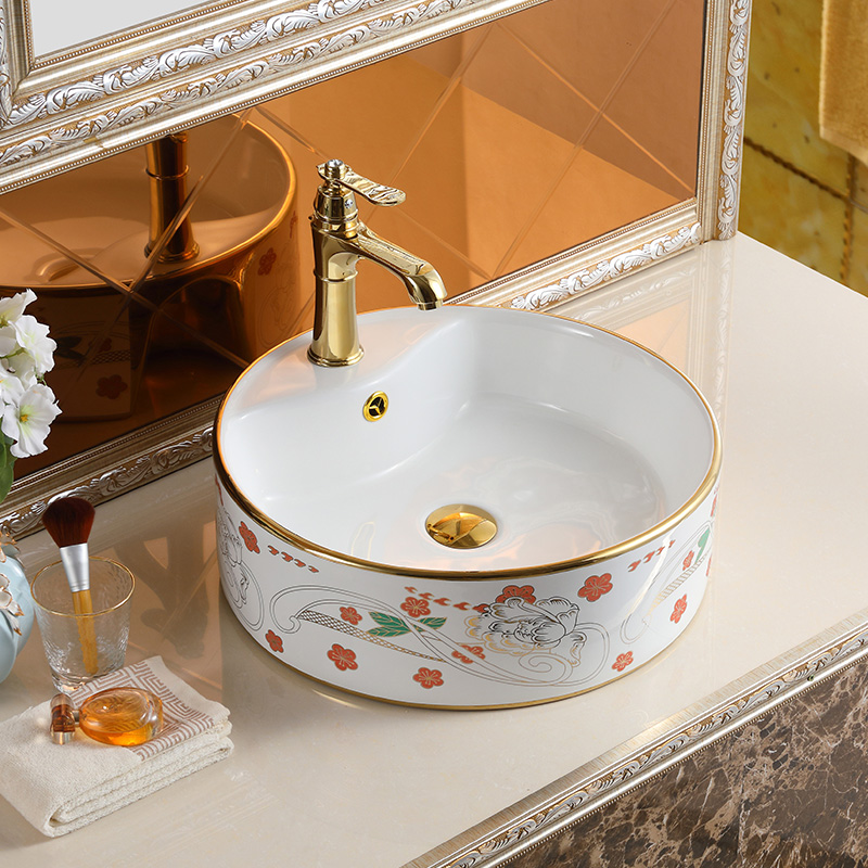 bathroom handrinse countertop sink ceramic golden flower printed electroplated wash basin wastafel badkamer