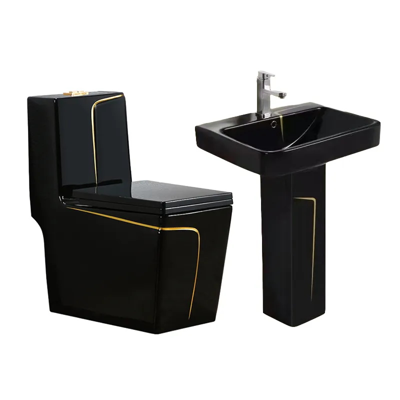 Ceramic Black And Gold Toilet Modern Square Sanitary Ware WC Toilet Sink Set Bathroom
