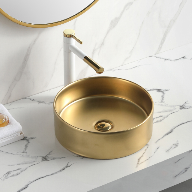 Round Ceramic Art Gold Basin Porcelain Vessel Sink Bathroom Countertop Golden Sink