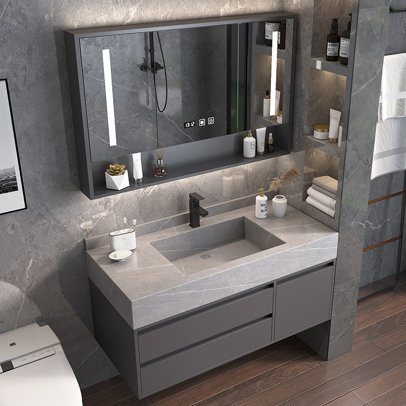 Gray Wall Mount Bathroom Solid Wood Cabinet Marble Floating Vanity