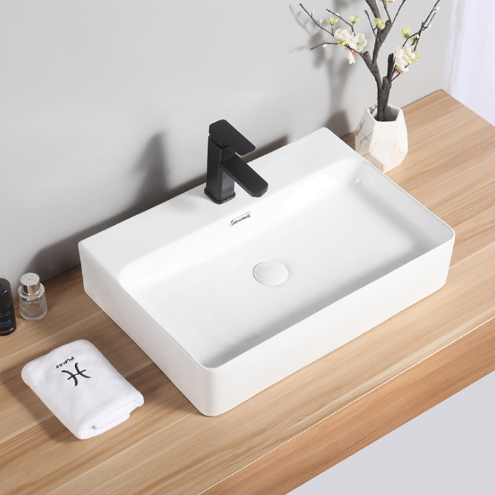 Modern Glossy White Ceramic Rectangular Bathroom Sink With Overflow