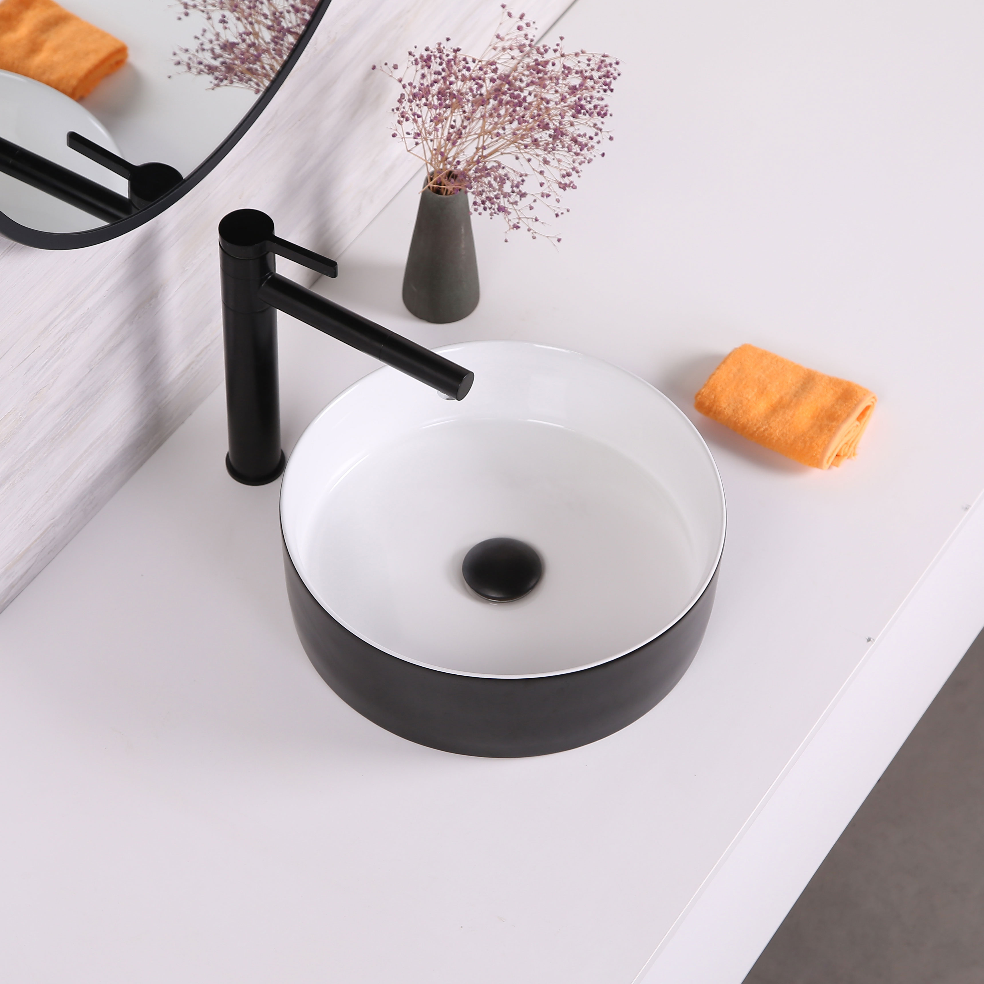 Bathroom Matt Black Wash Basin Sink Round Ceramic Art Countertop Basin