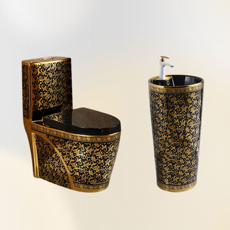 Gold Electroplated Ceramic One Piece Toilet Bowl And Basin Set