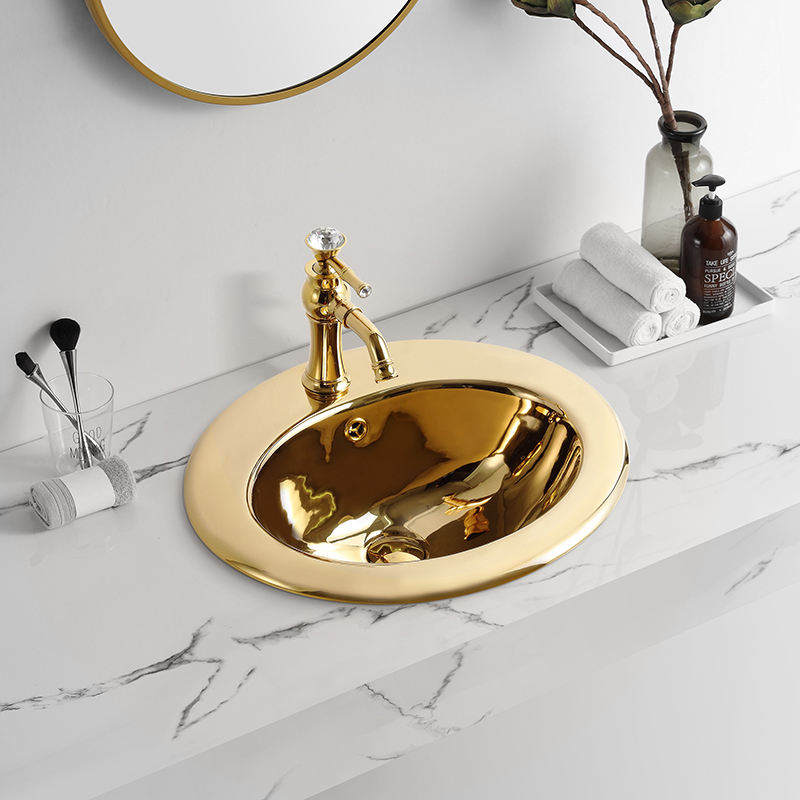 gold Semi-Recessed Oval Ceramic Wash Basin Sink For Bathroom