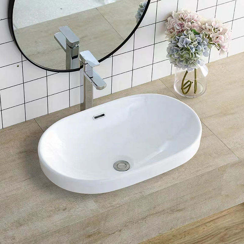 Bathroom Oval White Semi Recessed Ceramic Art Wash Basin Sink