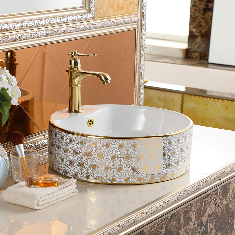 New pattern round aufsatzwaschbecken porcelain electroplate decal decoration white bathroom sink