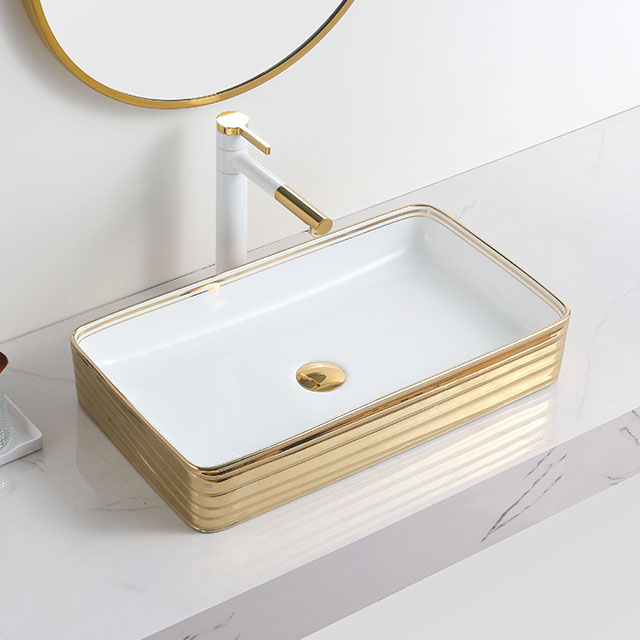 Emboss White Gold Table Top Wash Basin Bathroom Vessel Sink Gold Rim Lavabo Modernos Dorado