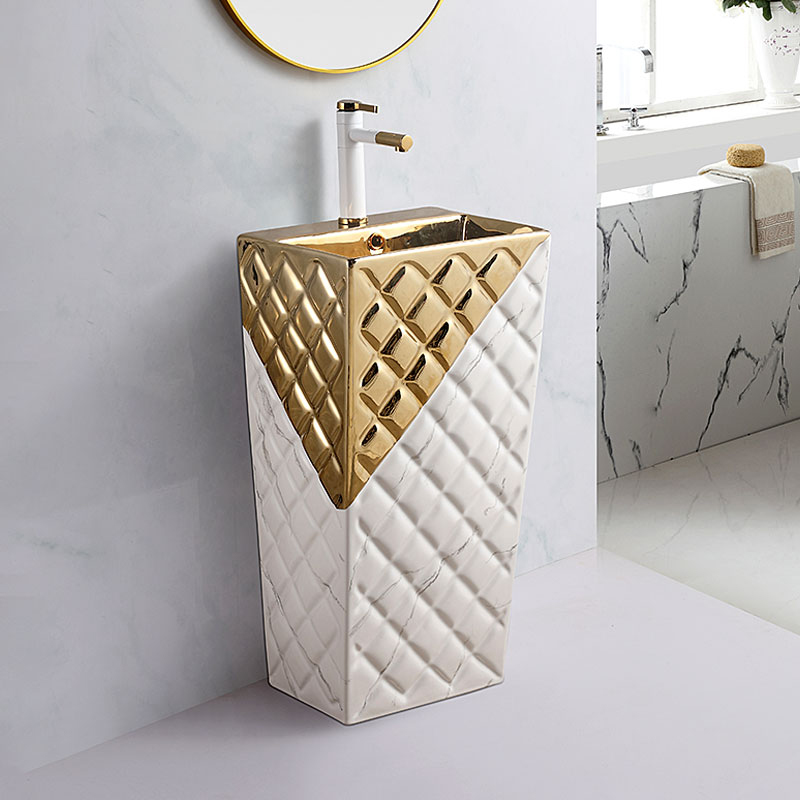 Rectangular gold Marble Pedestal Wash Basin One Piece Free Standing Ceramic white Pedestal Sink Basin