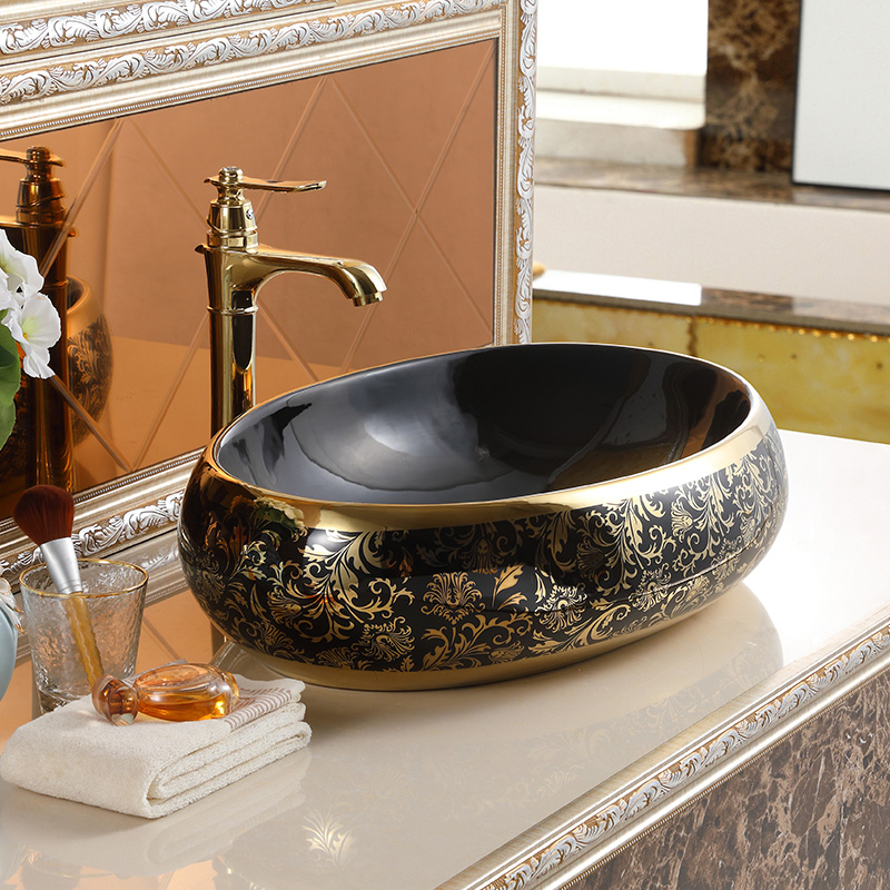 Antique oval banyo lavabo black and gold plated wash basin countertop ceramic hand wash bathroom cabinet sink