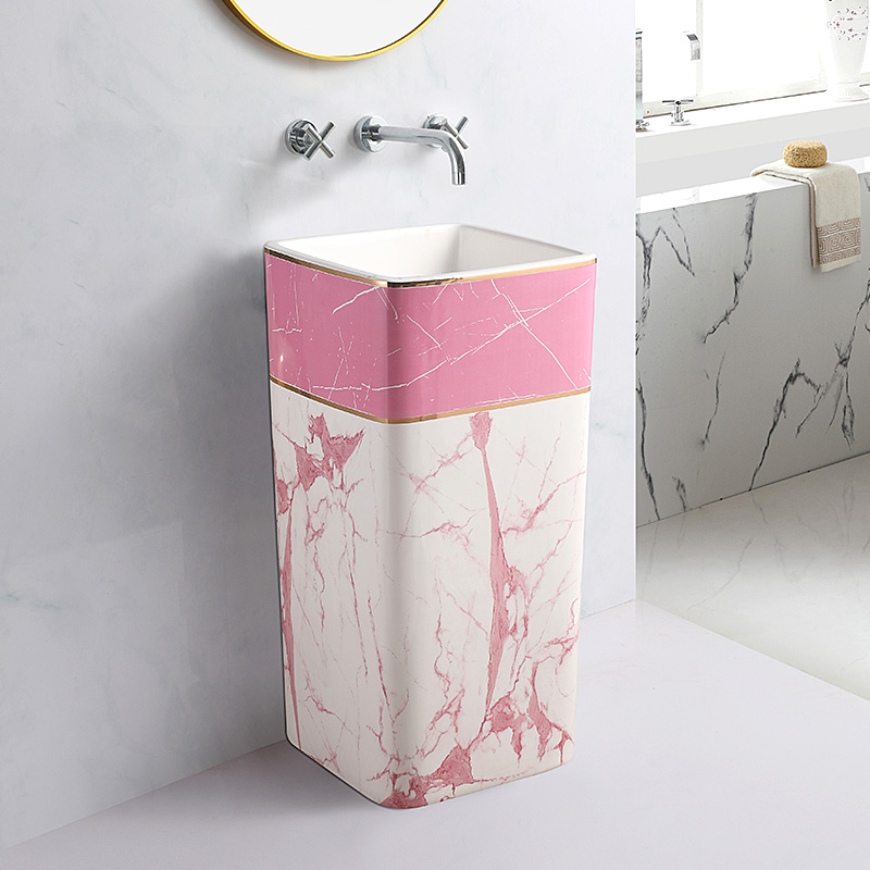 Luxury Modern Pink Pedestal Sink Washing Basin Square Colored Washroom Bathroom Ceramic Standing Sink