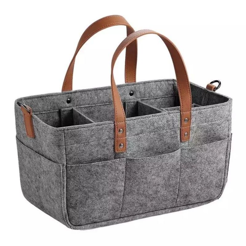 grey thick felt baby diaper caddy organiser bag with leather handle