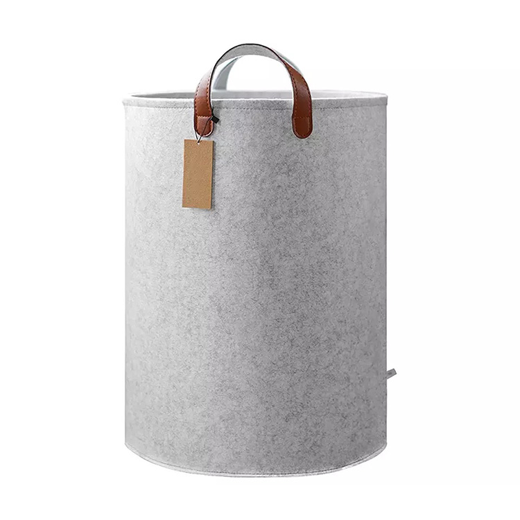 Felt Laundry Basket Round Leather Handle Clothing Storage Barrel