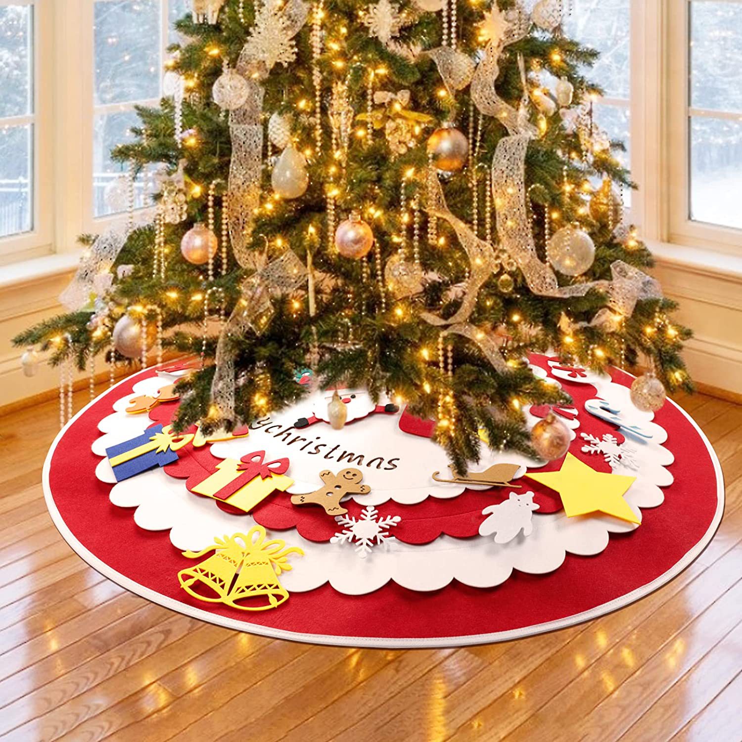Christmas Tree Base Apron Felt Non-woven Snowflake Tree Five-star Hollow Carved Christmas Tree Skirt