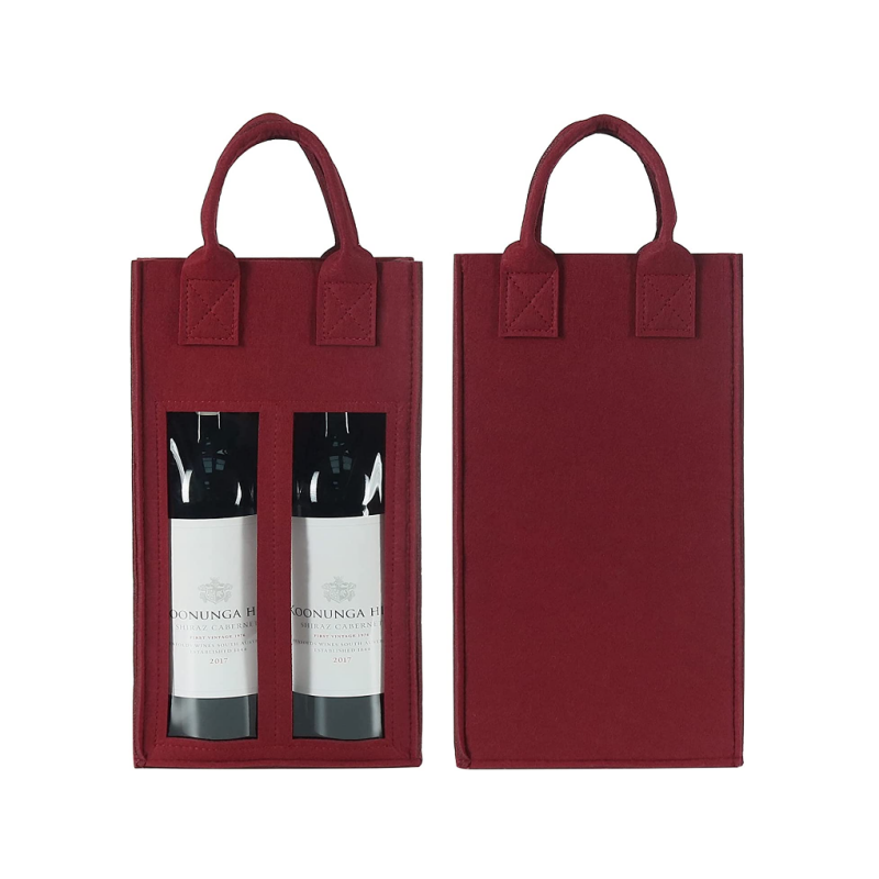 Double Wine Bag with Window, Felt Wine Carrier Tote Bag with Handle