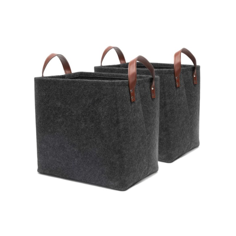 Foldable dark gray felt storage basket for storaging and sorting of clothes, toys