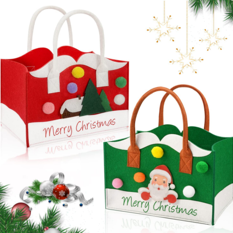 Felt Christmas Tote Bags with Handles, 2 PCS Reusable Christmas Gift Bags with Santa