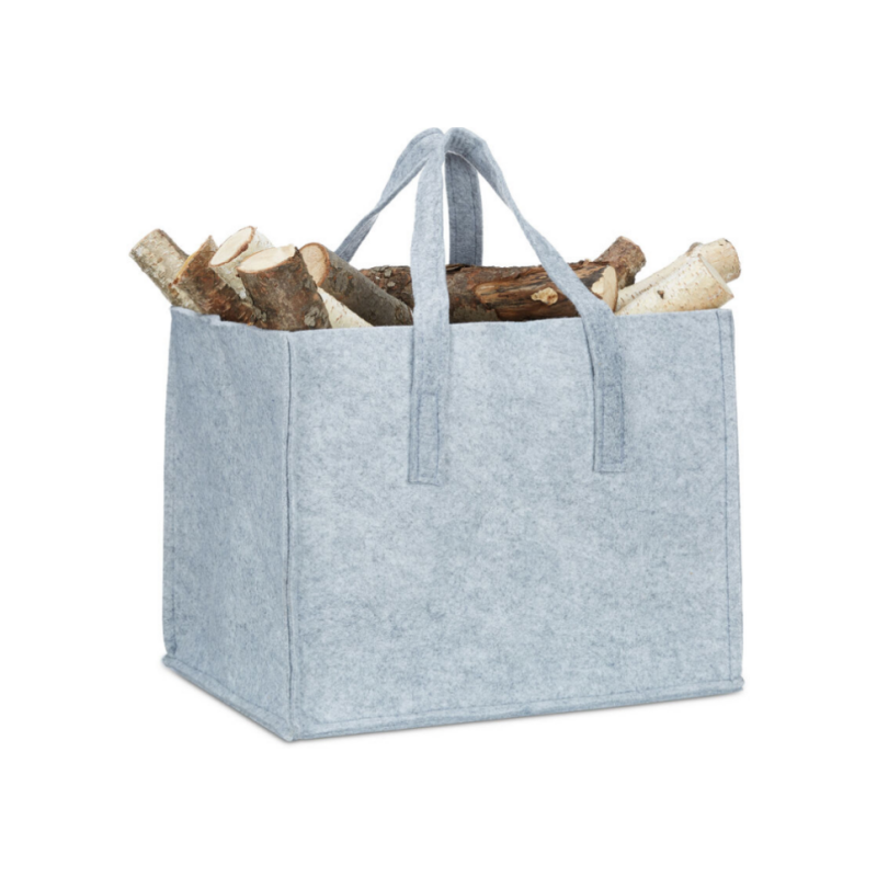 Foldable Sustainable Felt Firewood Basket bag with 2 Handles, Newspaper Holder, Grey