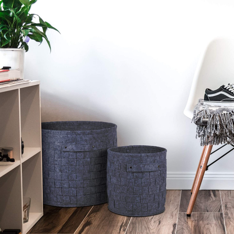 Home Decorative Felt Fabric woven Round Storage Baskets, Dark Grey