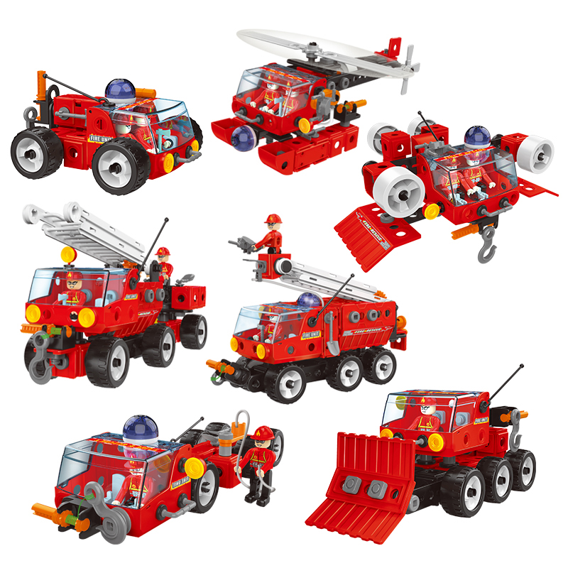 159PCS 7-in-1 Fire Rescue Vehicle Building Block Toys Set Children Hand-on Ability Training Screw and Nuts Assembly City Truck