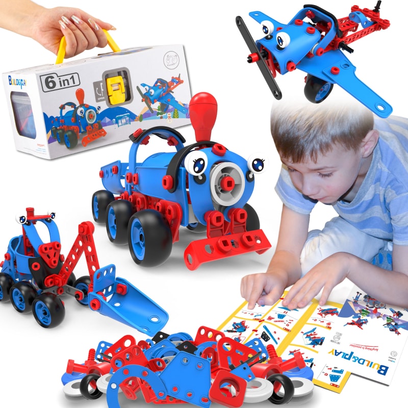 142PCS 6-in-1 DIY Building Kit Educational Construction Play Set Creative Robot Vehicle Screw and Nut Assembly Kids STEM Toy