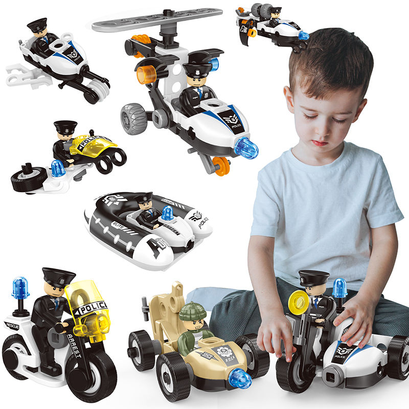 161PCS 8-in-1 Police Theme Screw Nut Assembly Vehicle Kit Building Blocks Car Children Educational STEM DIY Toys for Kids Boys