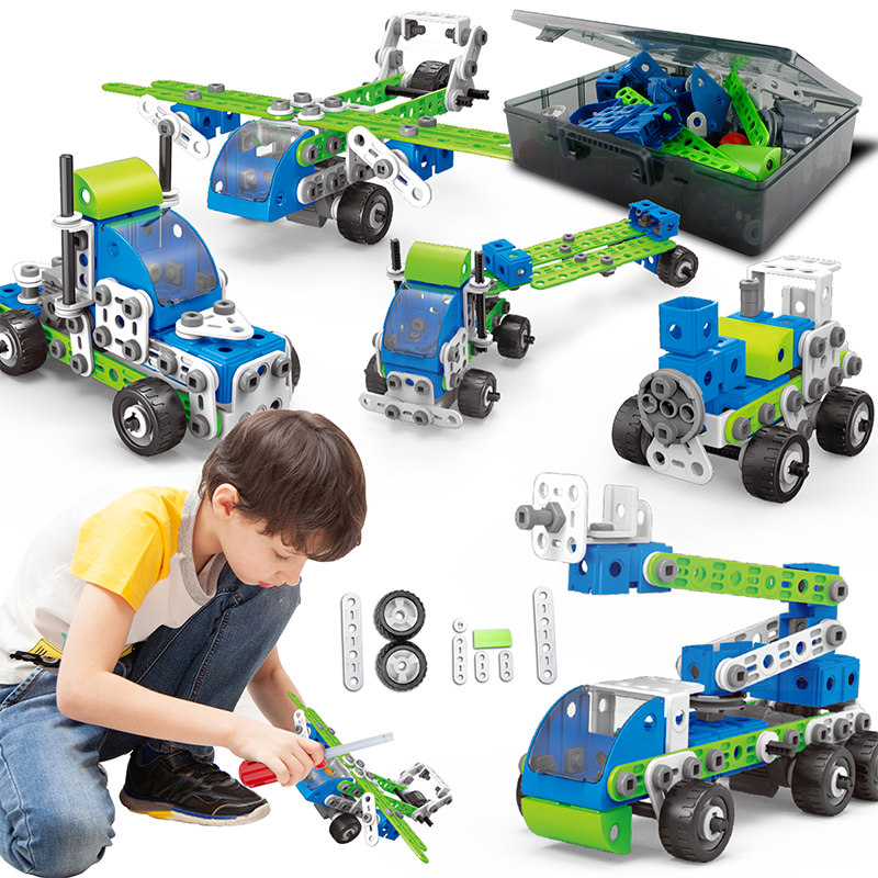  Kids STEM 175pcs 18 Models In 1 DIY Construction Pull Back Engineering Truck Creative Screw and Nut Assembly Vehicle Play Kit Children Educational Building Block Toys for Boys Gift