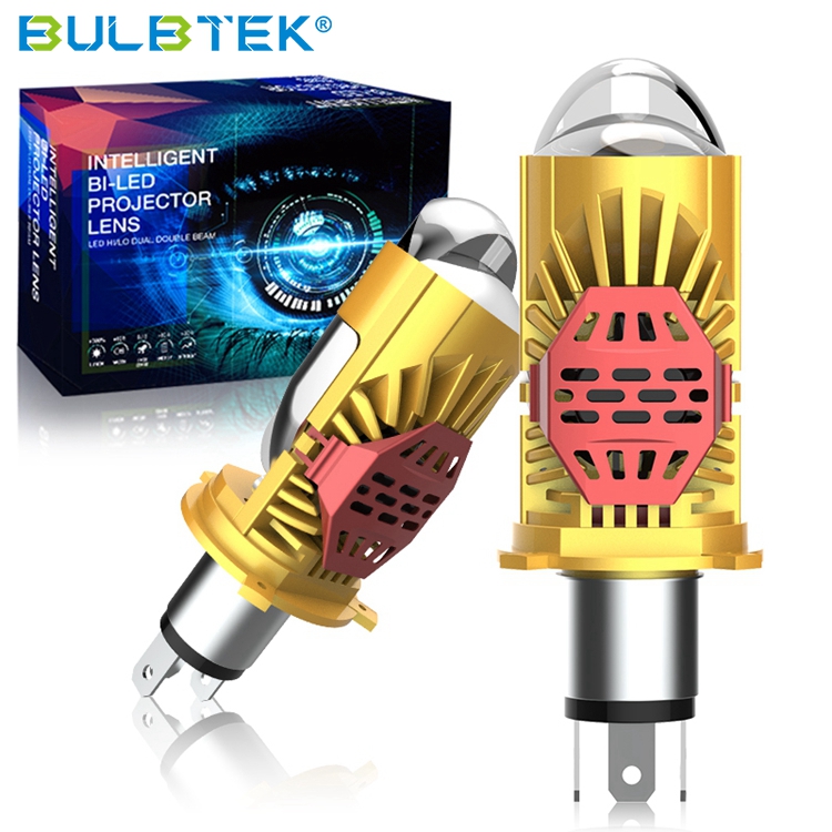 BULBTEK AM09 Super Bright 200W 14000LM H4 Mini Size BiLED Projector Lens Turbo Fan LED Projector Dual Lens H4 LED Headlight Bulb