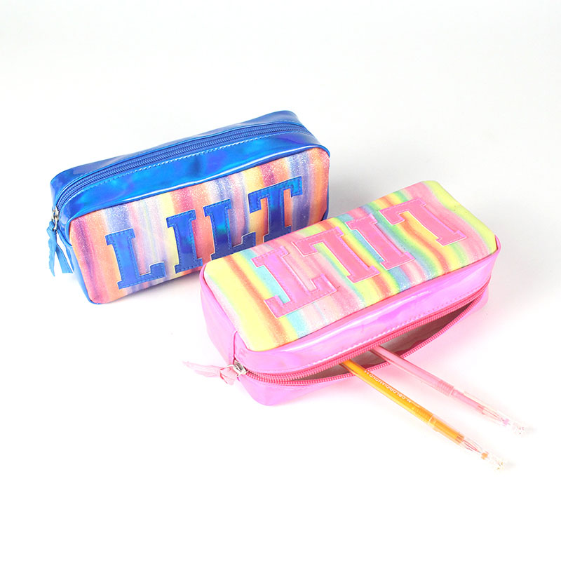 Twill iridescent stripe with letter logo pattern glitter leather with zipper closure 3 colors large capacity pencil pouch pen case China OEM factory supply