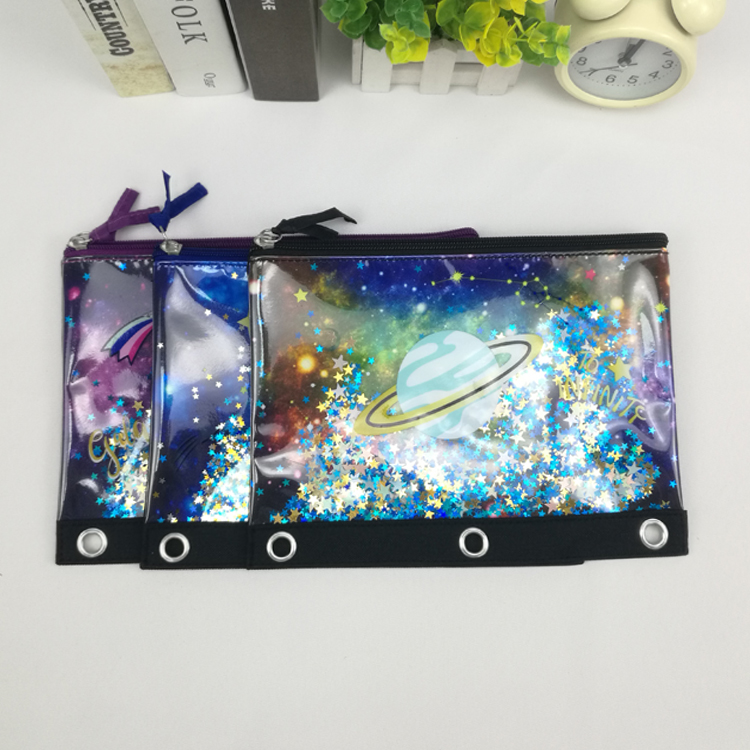 Outer space theme transparency shiny sparkly colorful glitter sequin PVC/polyester binder pouch pencil bag with zipper closure with 3-round rings great gift for kids teens adults for school office daily use