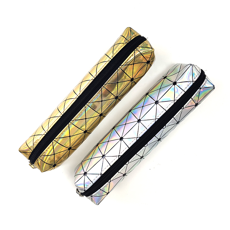 Long cube shape PU leather full holographic printing grid pattern cosmetic bag toiletry bag makeup case for women girls ladies China OEM factory supply