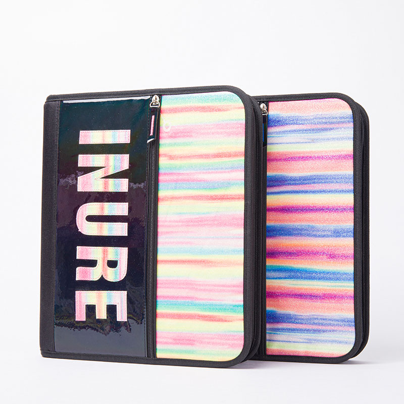 Colorful twill iridescent glitter leather polyester removable file folder with removal zipper binder bag with zipper closure with 3 round ring binder with interior grid pocket  zipper binder pouch China OEM factory supplies