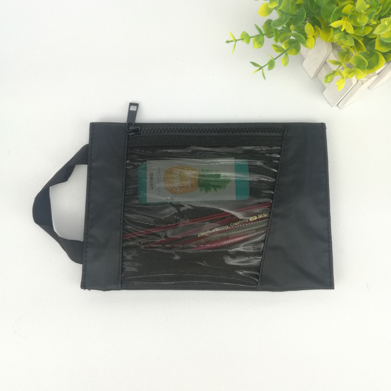 Black portable transparent PVC polyester zipper bag with zipper closure with handle large capacity file document cosmetic makeup bag organizer for business office school supplies daily use for all ages