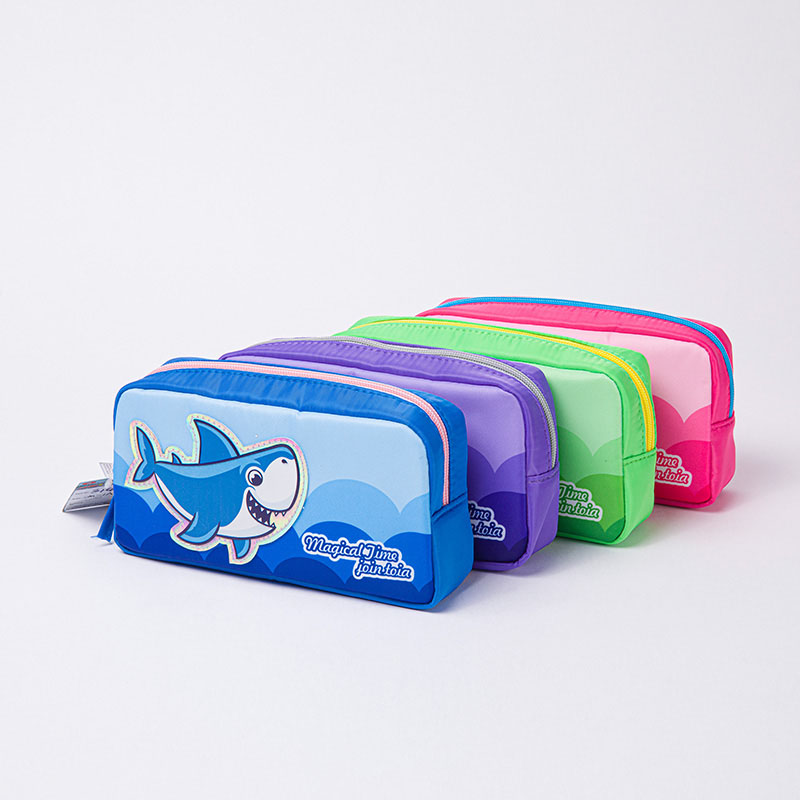 Cute shark printing leather&polyester 4 colors available with zipper closure pencil pouch pen case toiletry pouch China OEM factory supply
