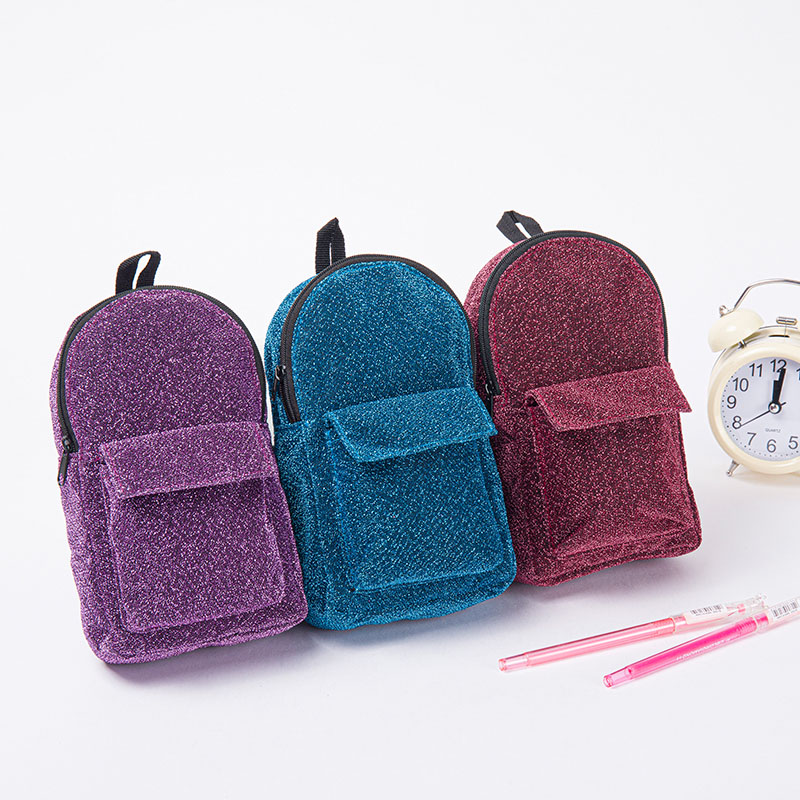 Glitter backpack appearance polyester pencil pouch pen case 3 colors available with front pocket with zipper closure with handle toiletry pouch great gift for kids teens adults for office school supplies daily use China OEM factory supply