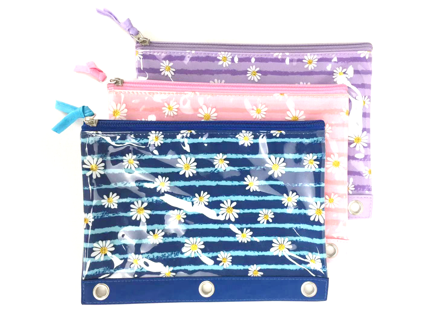 Daisy flower and stripe pattern polyester binder pouch pencil bag with zipper closures with 3-round rings 3 colors available great gift for kids teens adults for school office daily use