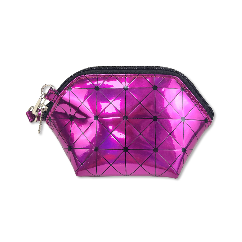 Shell shape PU leather full holographic printing grid pattern cosmetic bag makeup case toiletry bag for women girls ladies