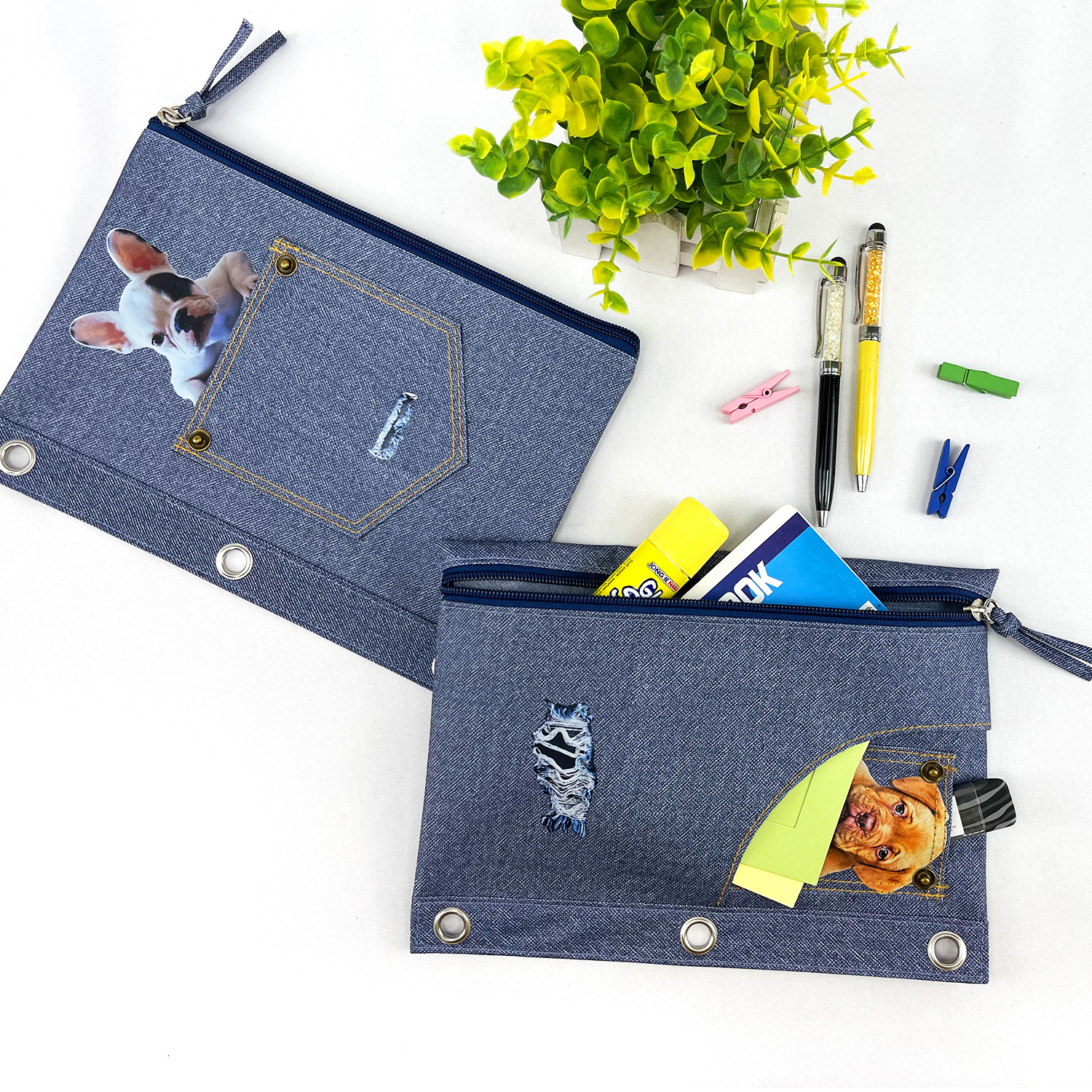 Doggy denim pocket binder pouch pencil bag with double pocket with zipper closure with 3-round rings 3 colors available great gift for kids teens adults for school office daily use